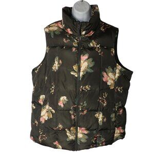 Floral Puffer Vest Womens Sleeveless Dark Green Zip-Up Warm Lightweight Outerwea